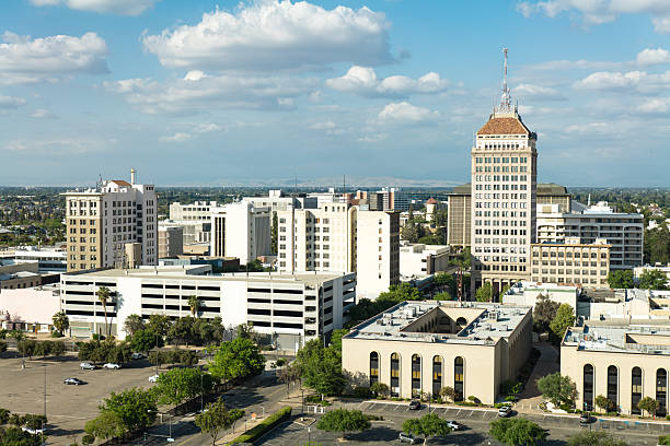 Fresno California skyline with Sierra Nevada mountains in background