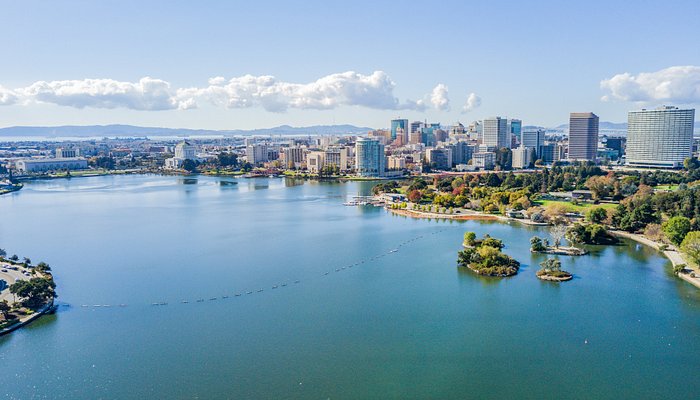 Oakland skyline with Bay Bridge and San Francisco in background