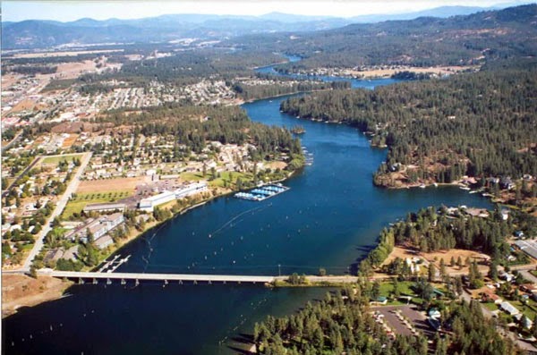 Post Falls Idaho aerial view with Spokane River