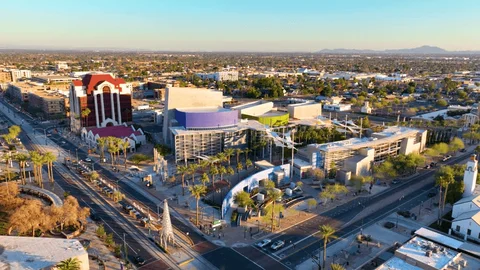 Mesa Arizona aerial view with downtown and Superstition Mountains