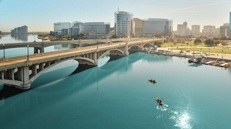Tempe Arizona skyline with Town Lake and ASU