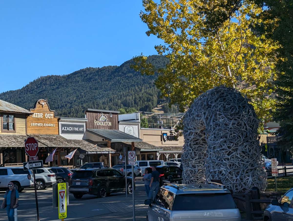 Jackson Wyoming town square with the Teton Range in the background