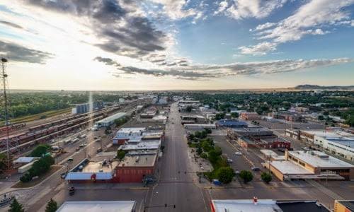 Havre Montana historic downtown along the Hi-Line with grain elevators and the BNSF rail yard
