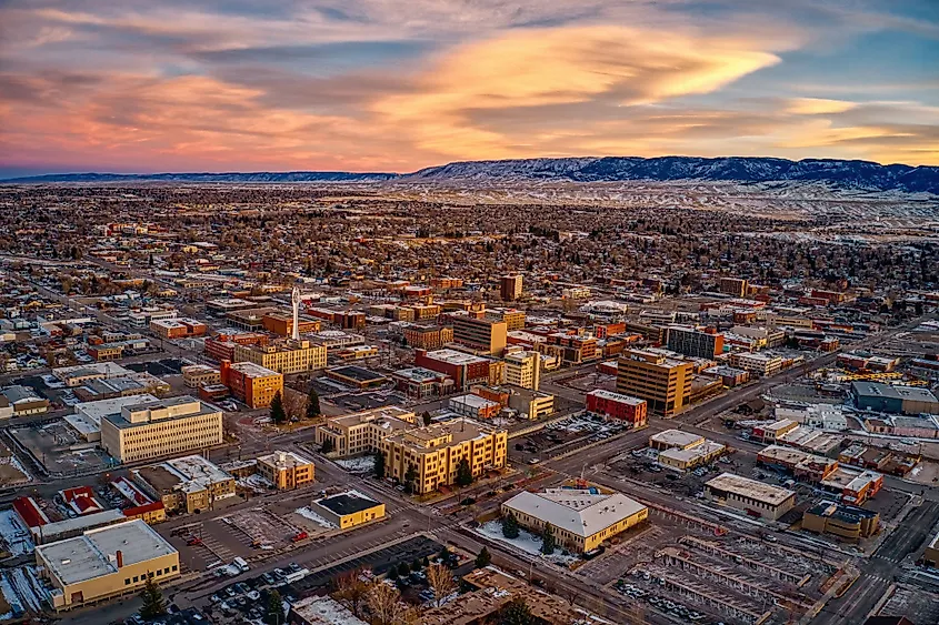 Downtown Casper Wyoming with Casper Mountain visible to the south