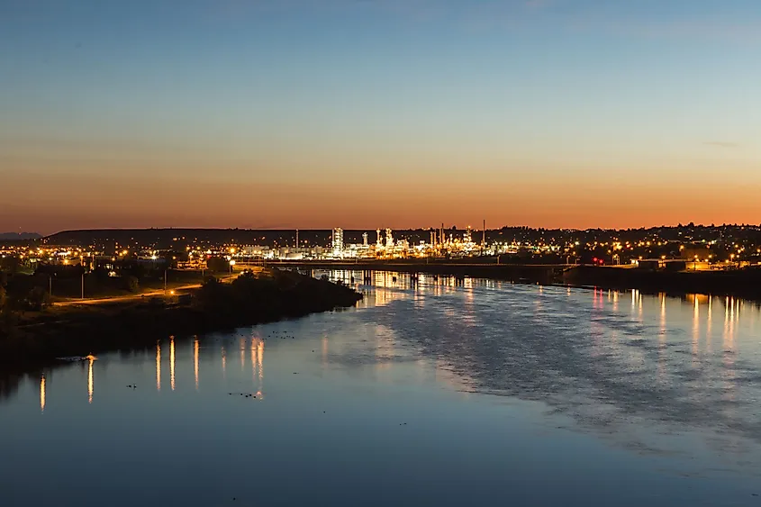 Great Falls Montana skyline along the Missouri River with the Rocky Mountain Front in the distance